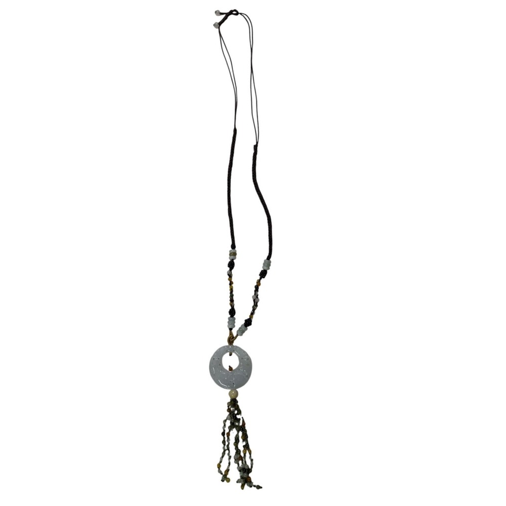 Carved White Jade Pendant Necklace Multi Strand Beaded Tassel‎ Adjustable Cord